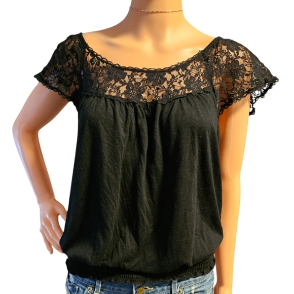Womens y2k Lace Sleeve Tee w/Smocked Waist Sz M 2000s Fairygrunge Whimsigoth - Picture 2 of 11